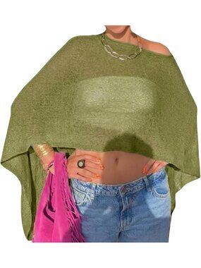 Women's Grass Green Sheer Poncho Top Knit Crochet Lightweight See Through Shawl